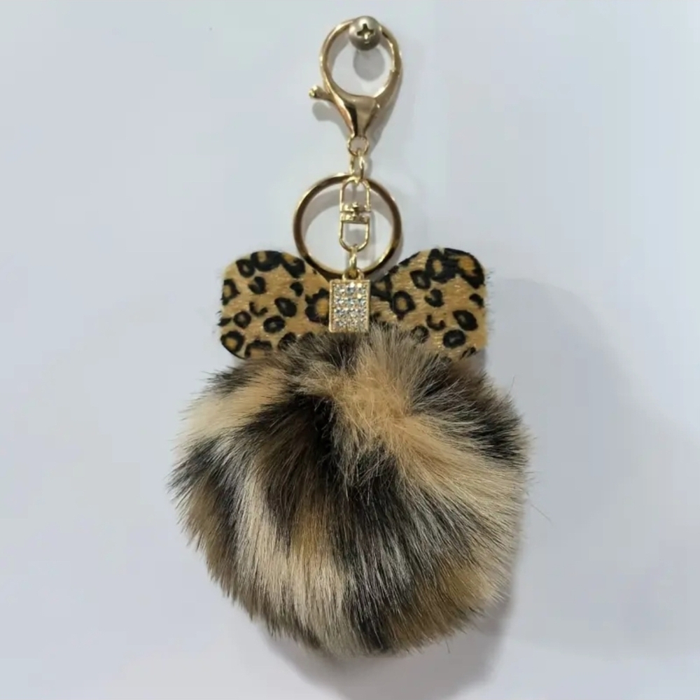 Leopard Print Pom Pom Bag Charm Keychain